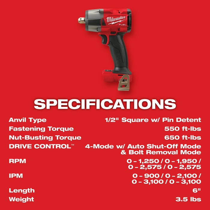 Milwaukee 2962P-20 M18 FUEL 1/2" Mid-Torque Impact Wrench w/Pin Detent-Bare Tool