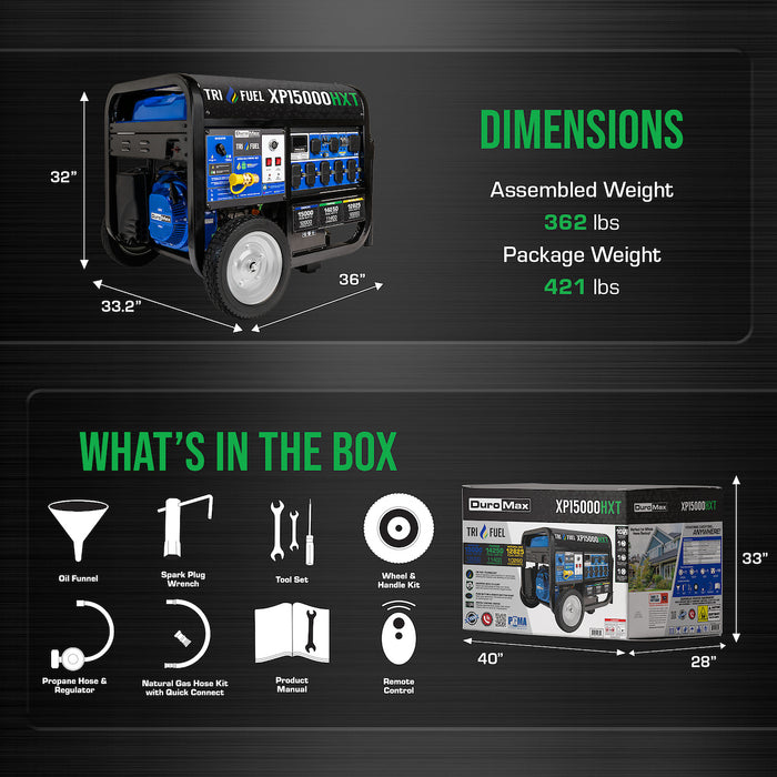 DuroMax XP15000HXT 15,000 Watt Electric Start Tri Fuel Portable Generator